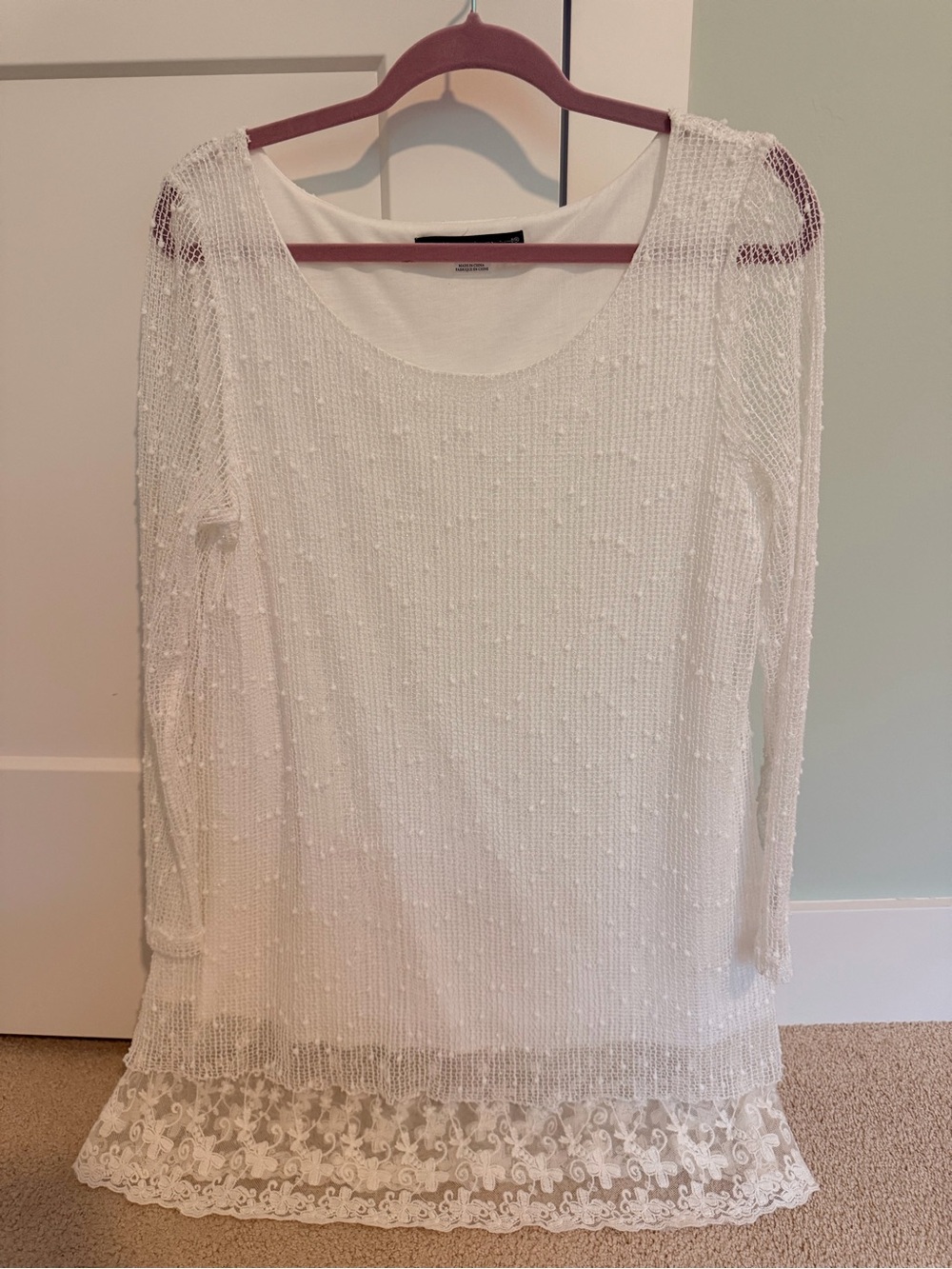 White Lace-Hem Lightweight Knit Long Blouse